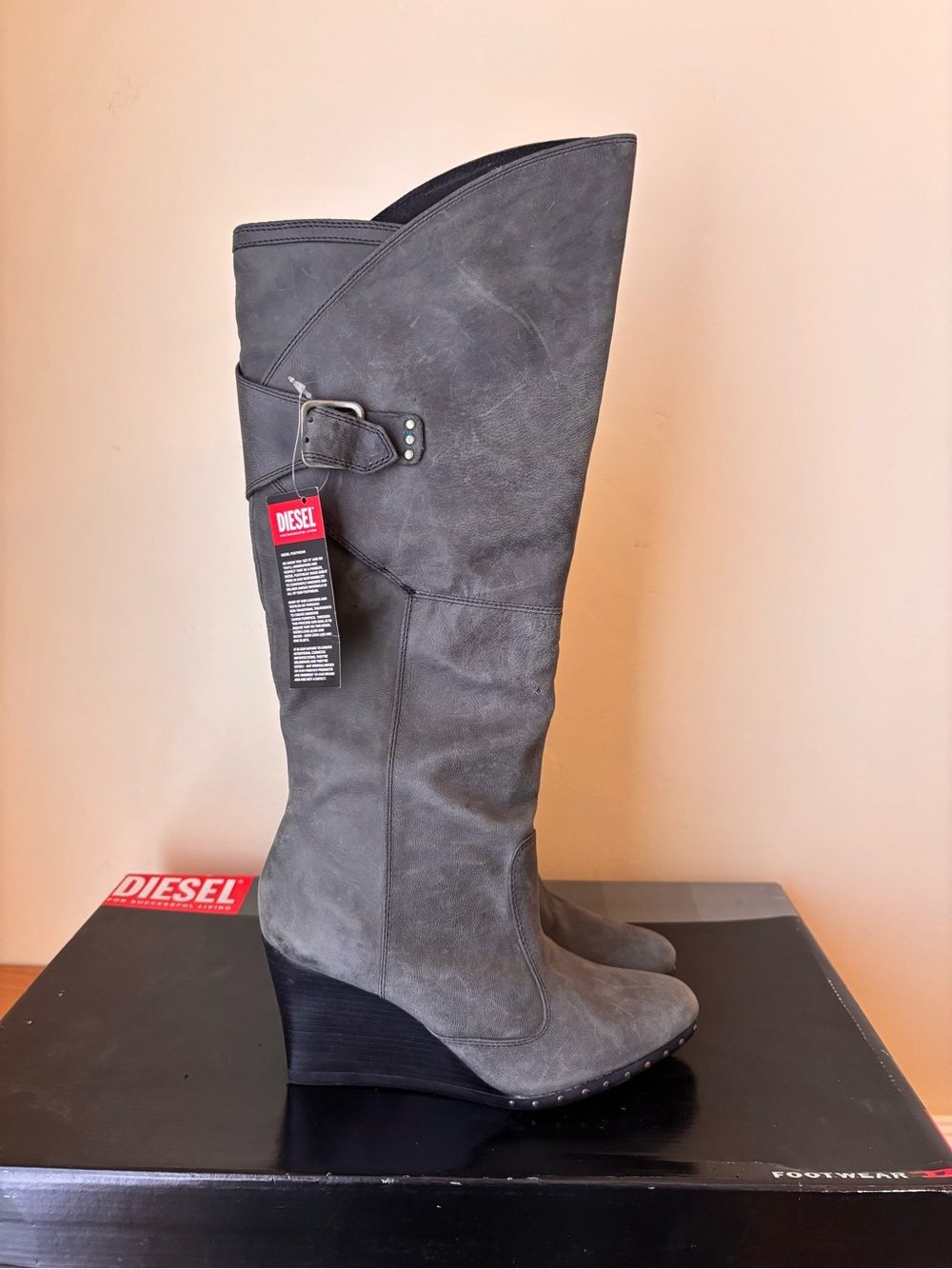 Diesel Gray Suede Wedge Over-the-Knee Boots 7.5 Leather Upper New with Tags
